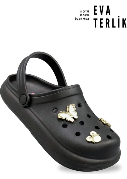 Aksesuarlı 4 cm Kalın Taban Kadın Sabo Terlik Hastane Terliği 1009 Siyah