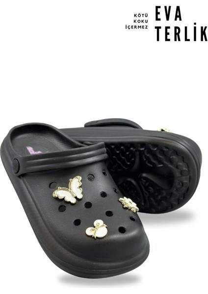 Aksesuarlı 4 cm Kalın Taban Kadın Sabo Terlik Hastane Terliği 1009 Siyah modelleri