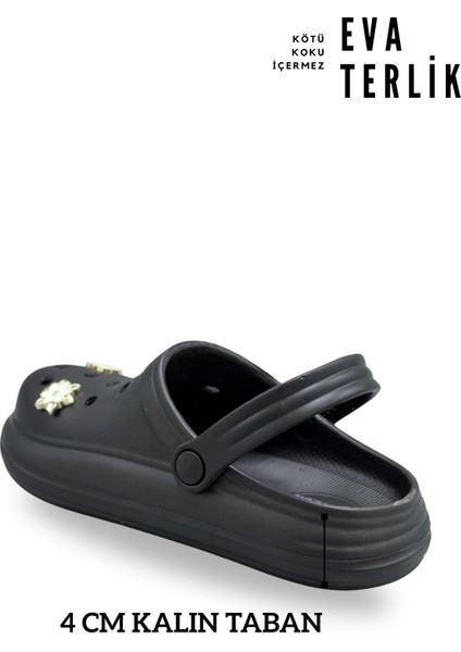Aksesuarlı 4 cm Kalın Taban Kadın Sabo Terlik Hastane Terliği 1009 Siyah indirimleri