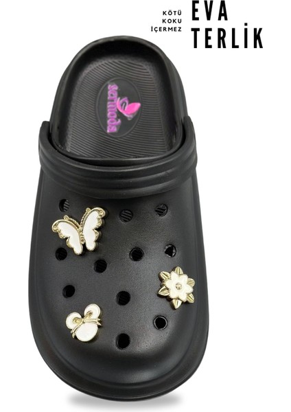 Aksesuarlı 4 cm Kalın Taban Kadın Sabo Terlik Hastane Terliği 1009 Siyah