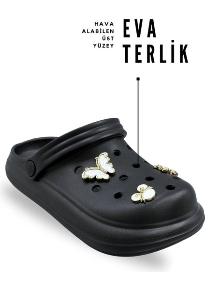 Aksesuarlı 4 cm Kalın Taban Kadın Sabo Terlik Hastane Terliği 1009 Siyah