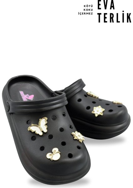 Aksesuarlı 4 cm Kalın Taban Kadın Sabo Terlik Hastane Terliği 1009 Siyah