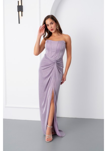 Kadın Pudra Straplez Simli Örme Abiye Elbise