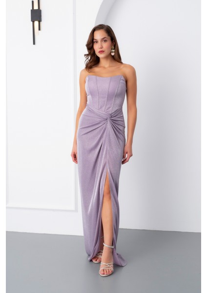 Kadın Pudra Straplez Simli Örme Abiye Elbise fiyatları