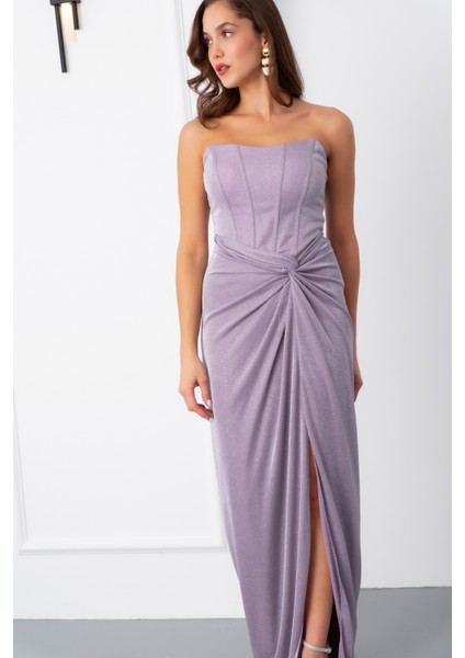 Kadın Pudra Straplez Simli Örme Abiye Elbise modelleri