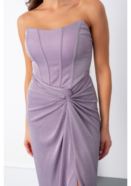 Kadın Pudra Straplez Simli Örme Abiye Elbise fırsatları