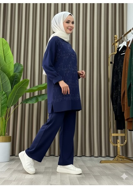 Taş Baskı Desenli Tunik Pantolon Ikili Takım