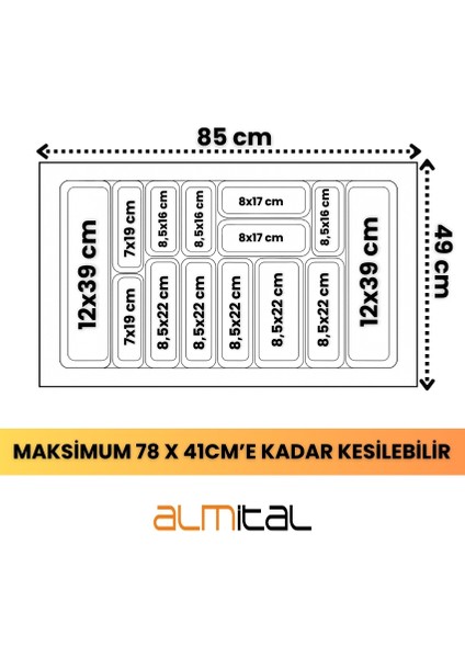 85x49 cm. 14 Gözlü Antrasit Çekmece Içi Kaşıklık 79*41 Cm'e Kadar Kesilebilir fiyatları