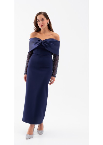 Kadın Lacivert Kol Detaylı Fiyonklu Söz Nişan Nikah Abiye Elbise