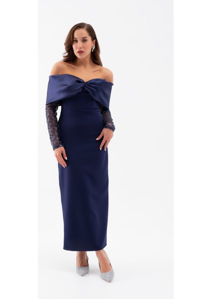 Kadın Lacivert Kol Detaylı Fiyonklu Söz Nişan Nikah Abiye Elbise fiyatları