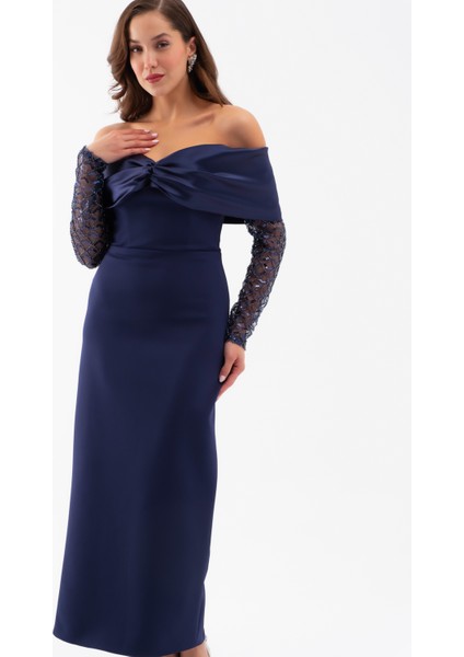 Kadın Lacivert Kol Detaylı Fiyonklu Söz Nişan Nikah Abiye Elbise modelleri