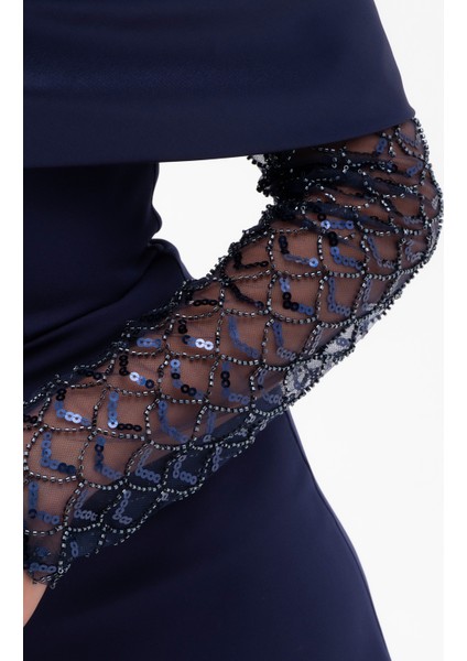 Kadın Lacivert Kol Detaylı Fiyonklu Söz Nişan Nikah Abiye Elbise fırsatları