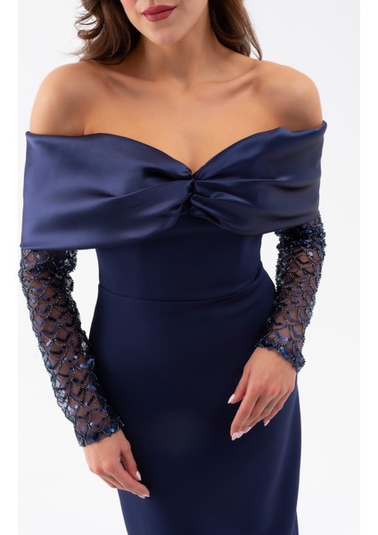 Kadın Lacivert Kol Detaylı Fiyonklu Söz Nişan Nikah Abiye Elbise indirimleri