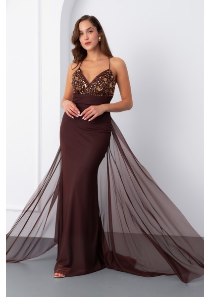 Kadın Kahverengi Askılı Taş Detaylı Uzun Tül Abiye Elbise