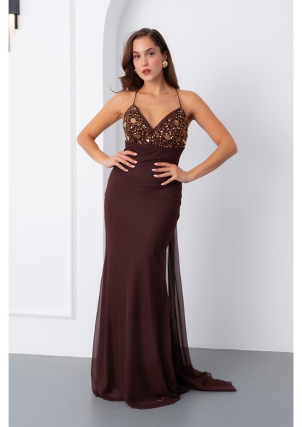 Kadın Kahverengi Askılı Taş Detaylı Uzun Tül Abiye Elbise fiyatları