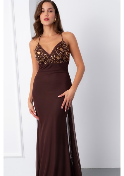 Kadın Kahverengi Askılı Taş Detaylı Uzun Tül Abiye Elbise modelleri