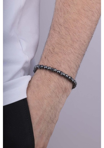 Yuvarlak Kesim Tek Sıra Hematit Taşı Doğal Taş Erkek Bilekik