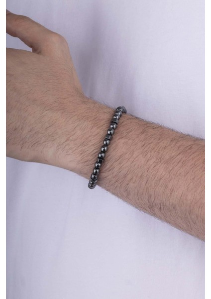 Yuvarlak Kesim Tek Sıra Hematit Taşı Doğal Taş Erkek Bilekik modelleri