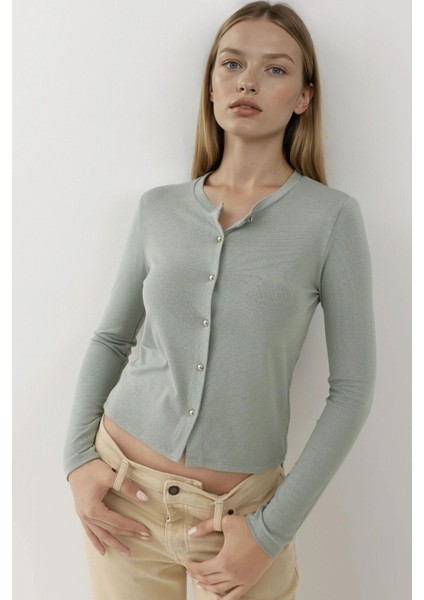 Kadın Düğme Detaylı Bisiklet Yaka Uzun Kollu Üst Busem Collection Green
