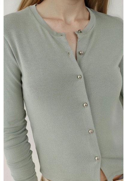 Kadın Düğme Detaylı Bisiklet Yaka Uzun Kollu Üst Busem Collection Green modelleri