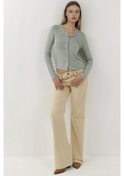 Kadın Düğme Detaylı Bisiklet Yaka Uzun Kollu Üst Busem Collection Green indirimleri