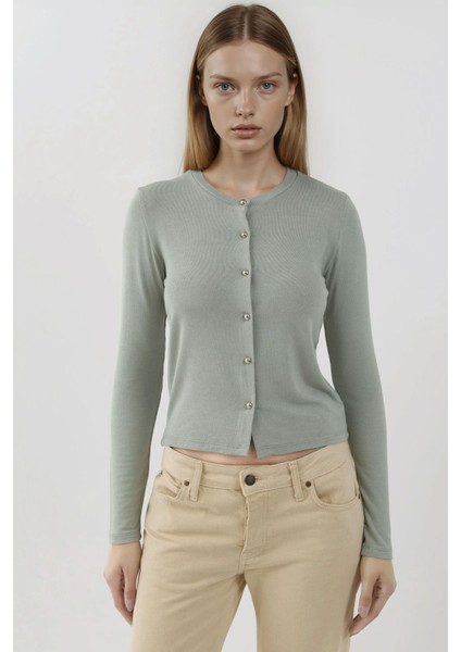 Kadın Düğme Detaylı Bisiklet Yaka Uzun Kollu Üst Busem Collection Green