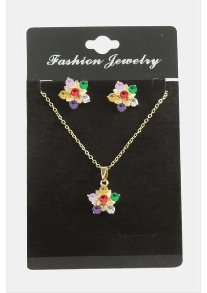 Allzey Çiçek Zirkon Taşlı Set Kolye-Renkli fiyatları