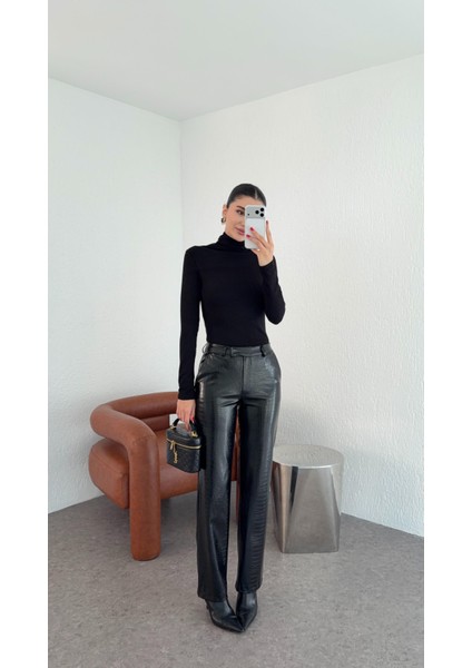 Kroc Siyah Deri Pantolon