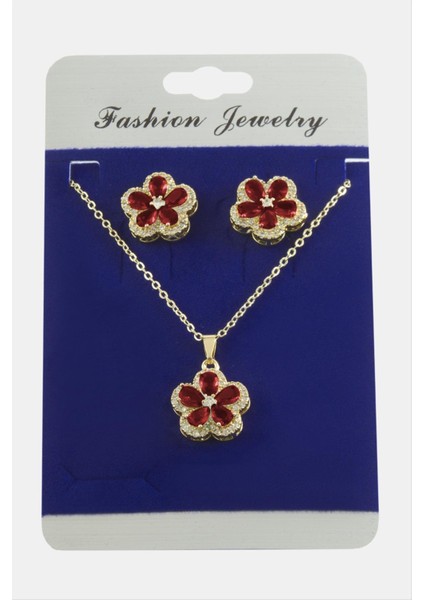 Allzey Çiçek Zirkon Taşlı Set Kolye-Kırmızı fiyatları