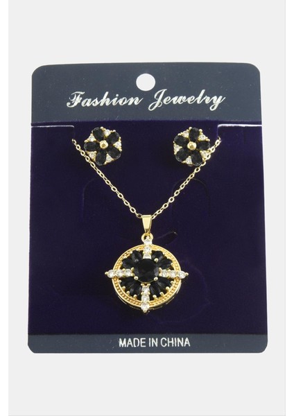 Allzey Çiçek Zirkon Taşlı Set Kolye-Siyah fiyatları