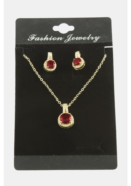 Allzey Yuvarlak Zirkon Taşlı Set Kolye-Kırmızı fiyatları