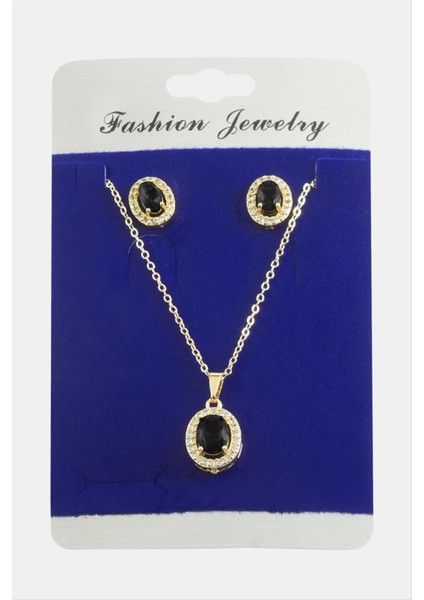 Allzey Oval Zirkon Taşlı Set Kolye-Kırmızı