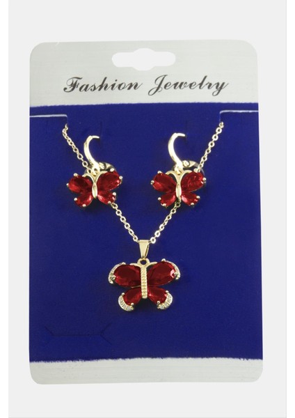 Allzey Kelebek Zirkon Taşlı Set Kolye-Kırmızı fiyatları