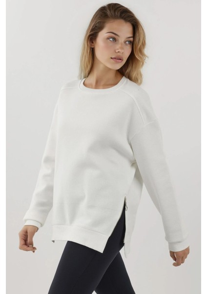 Kadın Şardonlu Fermuar Detaylı Bisiklet Yaka Sweatshirt Busem Collection White