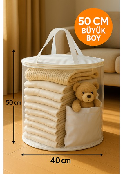 50X40 Şeffaf Silindir Hurç – Büyük Boy, Kapaklı ve Taşıma Saplı