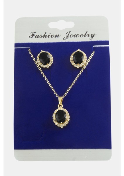 Allzey Oval Zirkon Taşlı Set Kolye-Siyah fiyatları