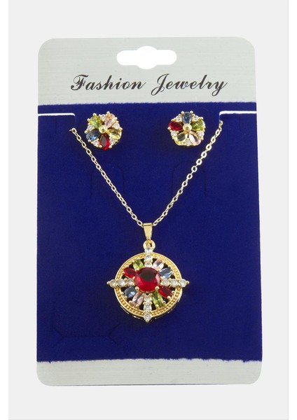 Allzey Çiçek Zirkon Taşlı Set Kolye-Renkli fiyatları