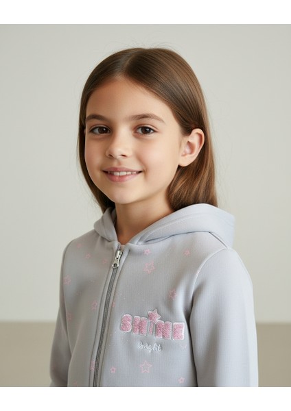 Shine Baskılı Yıldız Desenli Fermuarlı Kapüşonlu Kız Çocuk Hırka