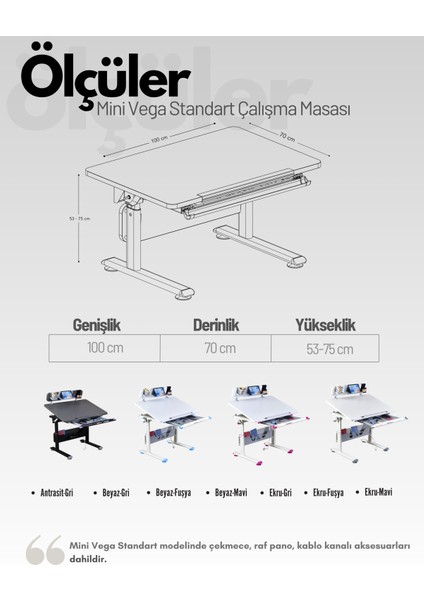 Mini Standart Çekmeceli Çalışma Masası, Yükseklik Ayarlı Çalışma Masası, Kız-Erkek Çocuk Beyaz Ders Çalışma Masası