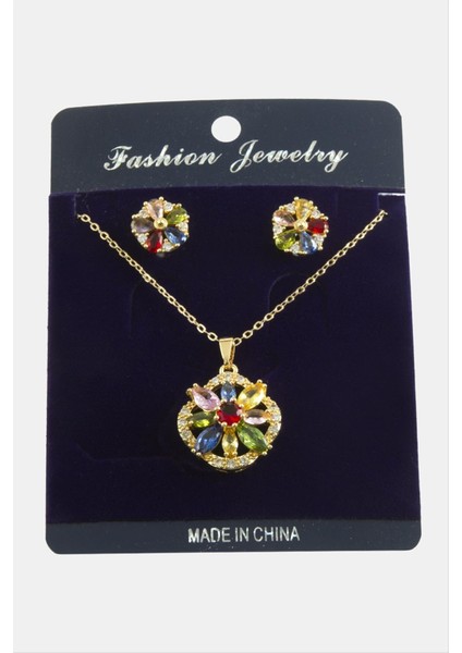 Allzey Çiçek Zirkon Taşlı Set Kolye-Renkli fiyatları