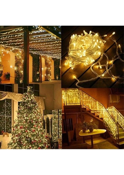 Yılbaşı Aydınlatması 100 LED Perde Hortum Sıcak Beyaz Işık Iç Mekan Eklenebilir 10 Metre Yeşil Kablolu Süs