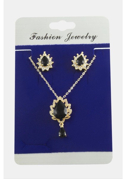 Allzey Oval Zirkon Taşlı Set Kolye-Siyah fiyatları
