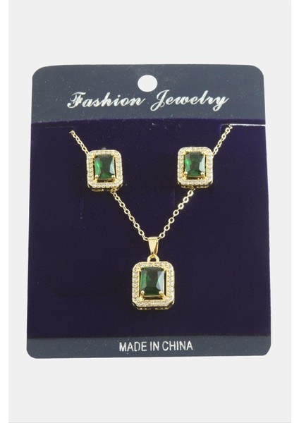 Allzey Dikdörtgen Zirkon Taşlı Set Kolye-Yeşil fiyatları