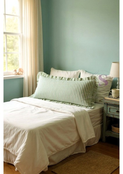 Fırfırlı Vintage Buldan Yeşil Çizgili Iskandinav Uzun 40X100 Kırlent Yastık (Içi Dolgulu)