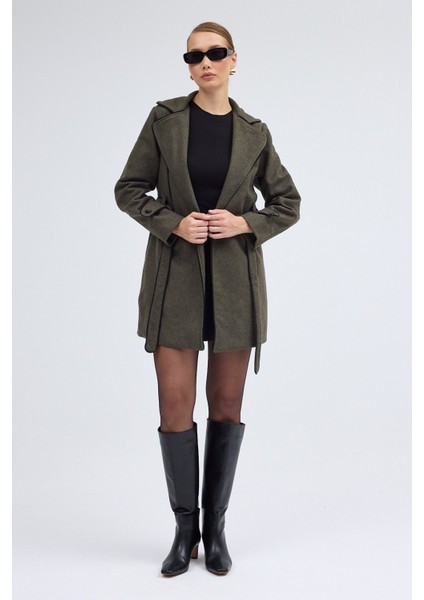 Kaşe Kadın Şık Tasarım Yaka Kaban ve Kemer