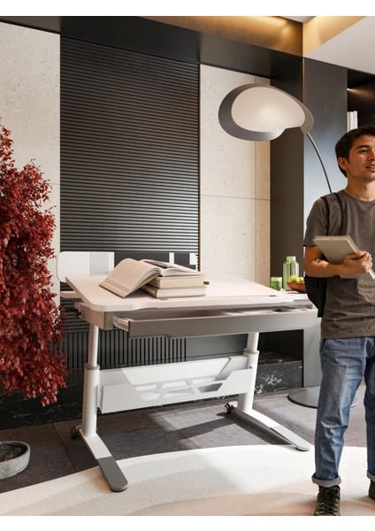 Sirius Standart Fonksiyonel Genç Odası Masası Çekmeceli, Yükseklik Ayarlı - 120x75 Cm, Beyaz/Gri