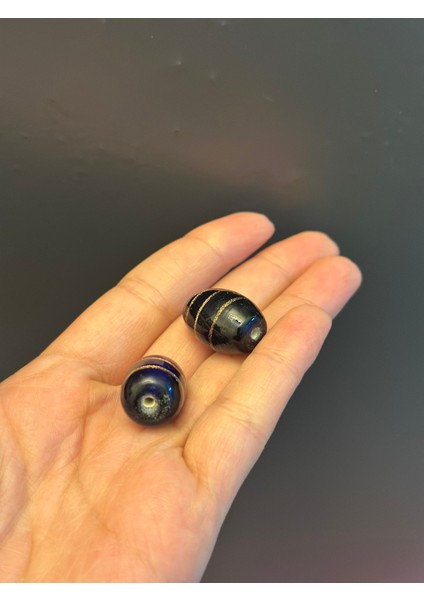 2 Adet Cam Lacivert Desenli Takı Boncuğu 2x1 cm