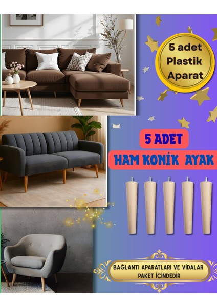 12CM Naturel Ahşap-Meşe Boyalı 5 Adet Koltuk&baza&ünite Ayağı