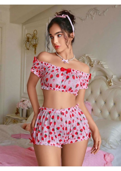 Kadın Pembe Çilek Desenli Fantezi Şort Takım 2156