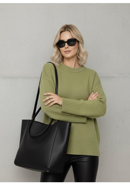 Basic Kadın Kazak Yeşil Oversize